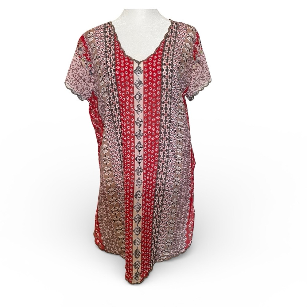 Johnny Was Silky Red Floral Tunic Top Women's M Cupra Rayon Festival  Bohemian
